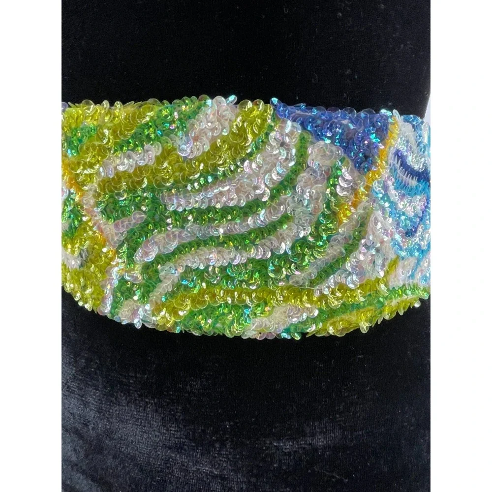 Vintage La Mendola Peacock Retro Hand Beaded Green Pure Silk Chiffon Belt